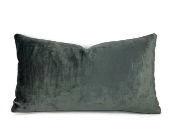 Dark Smoke Gray Velvet Lumbar Pillow Cover - 11" x 20" Charcoal Pewter Grey Velvet Rectangle Cushion Case