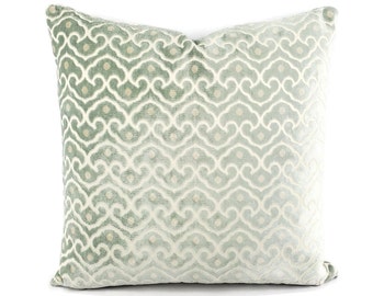 Fret Fabrics Petite Fleur in Aqua Pillow Cover - 20" x 20" Dusty Aqua with Cream Velvet Cushion Case