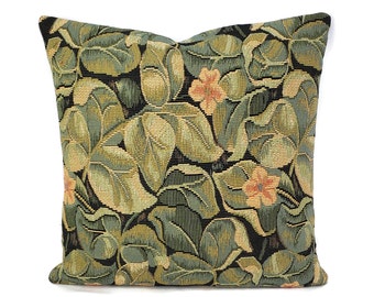 Green Jungle Leaves on Black Woven Textured  Pillow Cover - 20" x 20" Botanical Cushion Cover