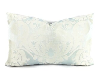 Timothy Corrigan Chateau Silk Damask in Ciel Lumbar Pillow Cover - 13" x 22" Schumacher Silk Cushion Case