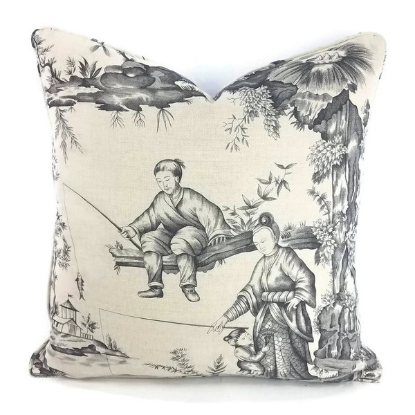 Schumacher Shengyou Toile in the color Charcoal Pillow Cover - Fishing Scene