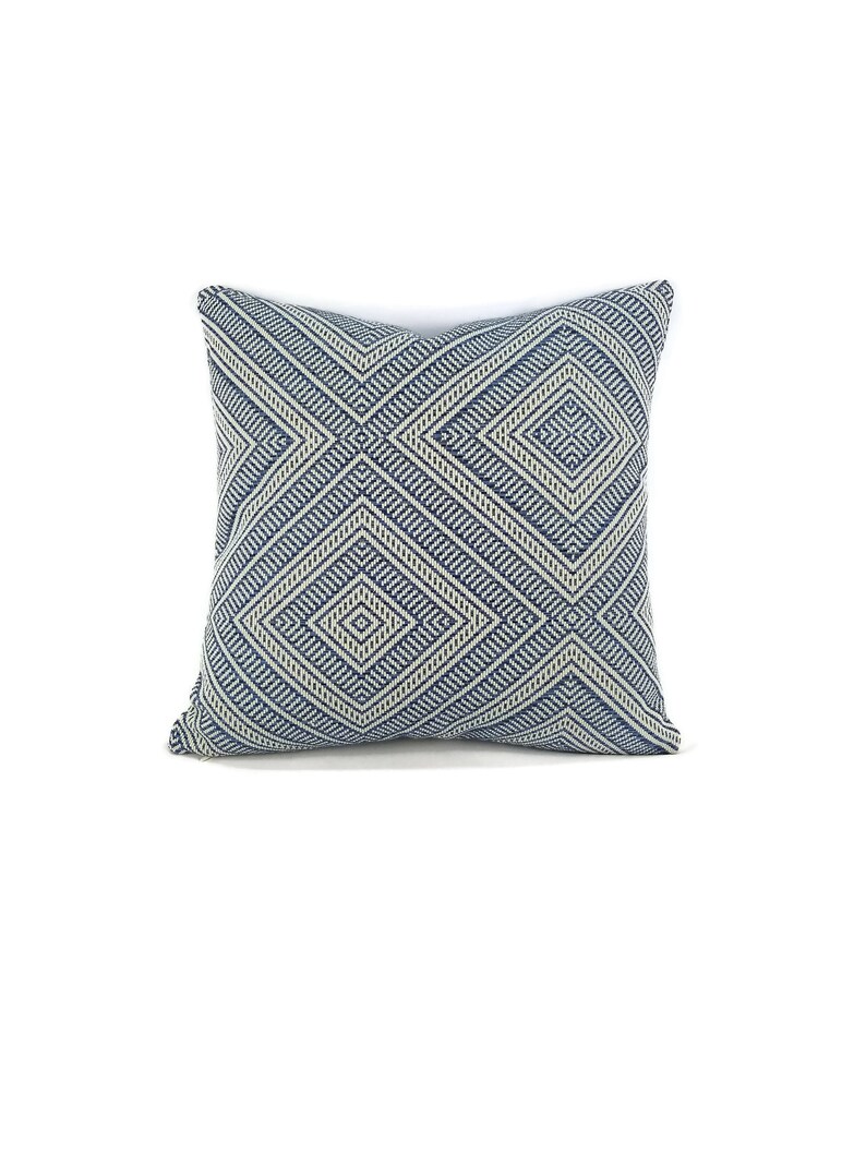 20 x 20 F Outdoor Basket-woven Blue and White Diamond Pattern Cushion Cover Schumacher Tortola in the color Marine Pillow Cover