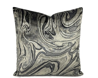 Holly Hunt Marbled in Onyx Pillow Cover - 20" x 20" Black, Dark Gray, and Silver Velvet Marble Swirl Cushion Cover