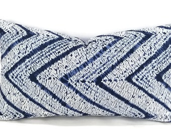 11" x 20" Pindler Tiedye in the color Indigo Lumbar Pillow Cover - Blue and White Chevron Ikat Rectangle Accent Pillow