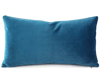 Bright Blue Velvet Lumbar Pillow Cover - 11" x 20" Solid Jewel Blue Accent Rectangle Cushion Case