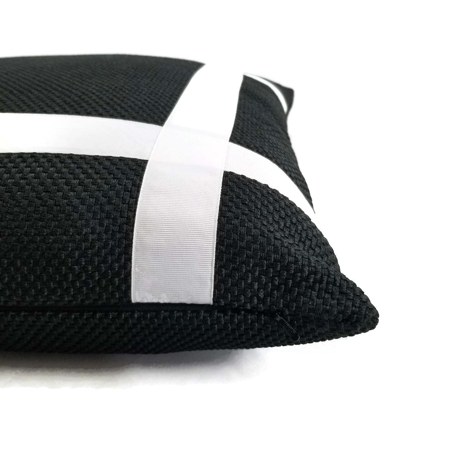 Black With White Ribbon Embellished Pillow Cover Etsy