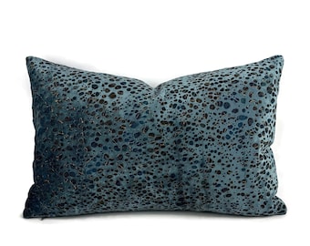Clarence House Driscoll in Celestial Lumbar Pillow Cover - 12.5" x 20" Dusty Blue Velvet Textured Abstract Rectangle Cushion Case