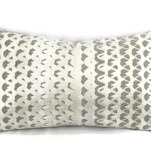 Puede incluir: Una almohada blanca con un patr&oacute;n geom&eacute;trico gris. El patr&oacute;n es una serie de ondas y curvas superpuestas.