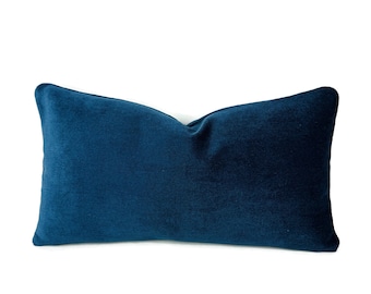 Pindler Altas in Lake Lumbar Pillow Cover - 11"x 20" Solid Deep Blue Faux Mohair Velvet Rectangle Cushion Case