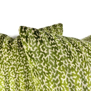 May include: Two green and white patterned throw pillows with a leafy design.