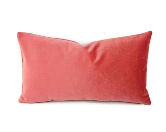 Solid Coral Pink Velvet Lumbar Pillow Cover - 11" x 20" Bright Rose Pink Rectangle Cushion Case