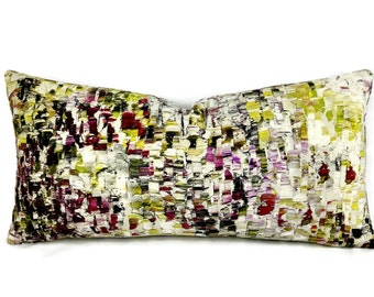 Black Edition Breathe Velvet in Wild Flower Pillow Cover - 9.5" x 20" Chartreuse, White, and Magenta Brush Stroke Printed Cushion Case