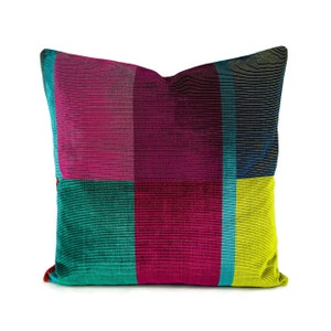Designers Guild Sarang in Fuchsia Pillow Cover - 18&quot; x 18&quot; Color Block Velvet with Fuchsia, Teal, Citron and Orange Cushion Case