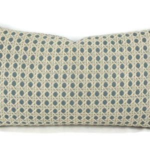 Brunschwig & Fils Monterey Woven Texture in Baltic Lumbar Pillow Cover - Blue and White Wicker Pattern Rectangle Cushion Case