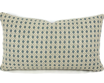 Brunschwig & Fils Monterey Woven Texture in Baltic Lumbar Pillow Cover - Blue and White Wicker Pattern Rectangle Cushion Case