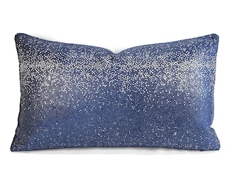 Kravet Couture Sombra in Indigo Lumbar Pillow Cover - 11.5" x 20" Navy Blue Speckle Dots Velvet Rectangle Cushion Case