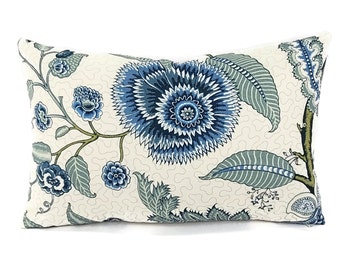 Martyn Lawrence Bullard Sinhala Linen Print in Sky Lumbar Pillow Cover - 14" x 22" Blue White and Green Floral Cushion Cases