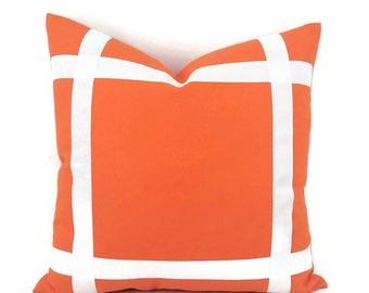 Bright Orange Cotton with White Ribbon Embellished Pillow Cover - 20" x 20" Orange and White Accent Cusion Cover