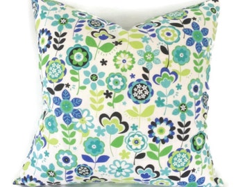 Blue and Green Floral Print Cotton Pillow Cover