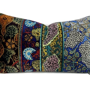 Vervain Ornamental in Gemstone Lumbar Pillow Cover - 12" x 20" Blue, Orange, Green and Black Floral Patchwork Printed Velvet Cushion Case
