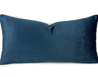 Midnight Blue Velvet Lumbar Pillow Cover - Solid Deep Blue Velvet Rectangle Cushion Case