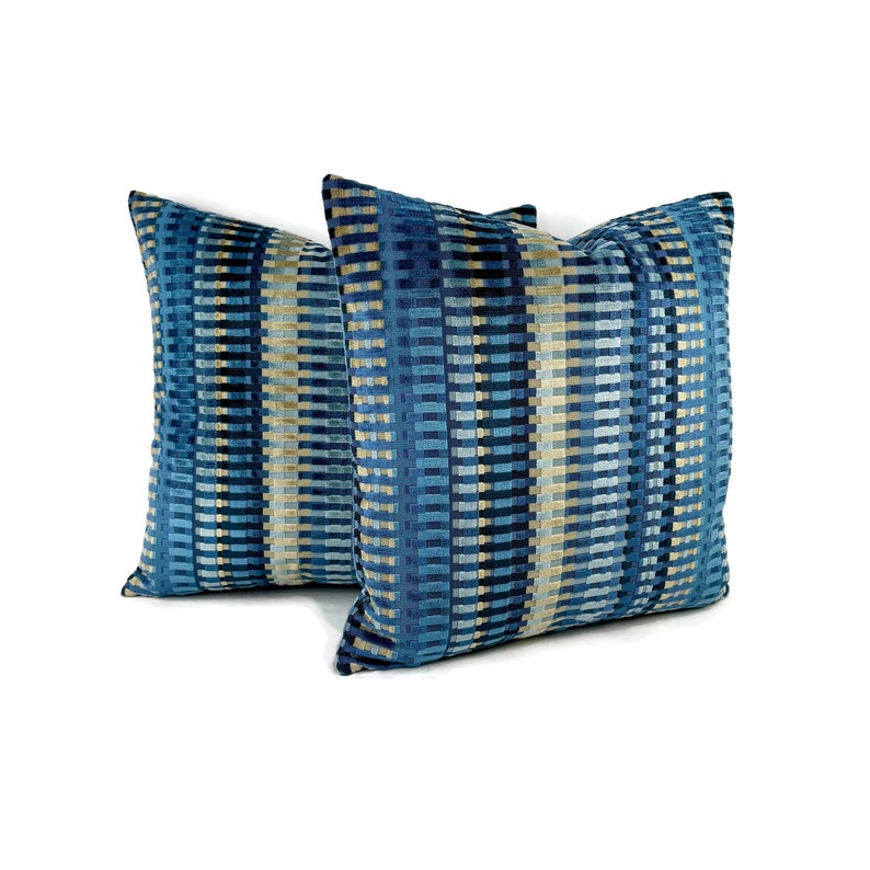 Lee Jofa Picket in Night Sky Pillow Cover Select your size Blue Stripe Velvet Cushion Case zdjęcie 2