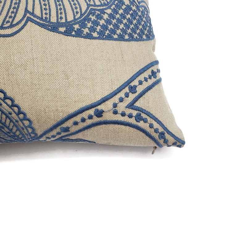 10 x 21 Manuel Canovas Madiran in the color Ciel Backed with Tan Linen Lumbar Pillow Cover