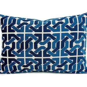 14 x 20 Groundworks Cliffoney in Blue and White Lumbar Pillow Cover Blue and White Fretwork Pattern Rectangle Cushion Case image 1