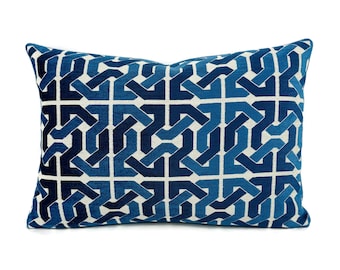 14" x 20" Groundworks Cliffoney in Blue and White Lumbar Pillow Cover - Blue and White Fretwork Pattern Rectangle Cushion Case