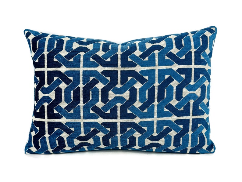 14 x 20 Groundworks Cliffoney in Blue and White Lumbar Pillow Cover Blue and White Fretwork Pattern Rectangle Cushion Case image 1