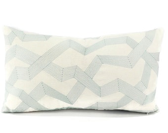 Jeffrey Alan Marks Waterside Soto in Bayside Lumbar Pillow Cover - 11" x 20" Aqua Blue Embroidered on White Cotton Linen Cushion Case