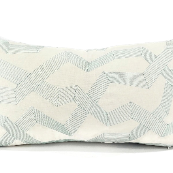 Aqua Blue Embroidered Lumbar Pillow Cover - Jeffrey Alan Marks Waterside Soto 11" x 20"