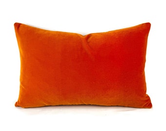 Lee Jofa Romeo Velvet in Saffron Lumbar Pillow Cover - 13" x 20" Solid Bright Orange Velvet Rectangle Cushion Case