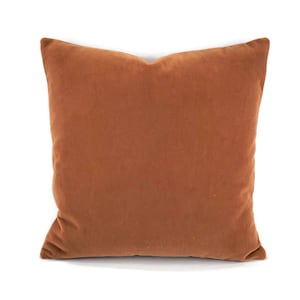May include: A square, rust-colored velvet pillow. The pillow has a soft, plush appearance and is likely used for decorative purposes on a bed or sofa. The pillow is a solid color with no visible patterns or designs.