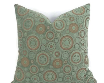 Light Teal Chenille with Brown Circle Pattern Pillow Cover