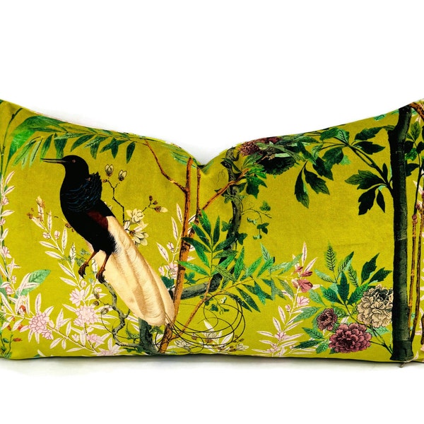 Mind the Gap Royal Garden in Green Lumbar Pillow Cover - 11" x 20" Chartreuse with Wild Bird Pattern Printed Velvet Cushion Case