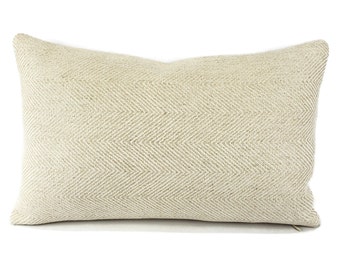 GP & J Baker Braddock in Oatmeal Lumbar Pillow Cover - 12" x 20" Cream and Tan Herringbone Chenille Rectangle Cushion Case