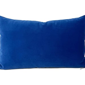 May include: A rectangular, royal blue velvet pillow. The pillow is a solid color with a soft, plush texture. The pillow is designed for decorative use on a bed or sofa.