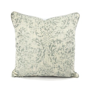 Hodsoll McKenzie Malden Damask in 592 with Piping Pillow Cover - 20&quot; x 20&quot; Seafoam Blue and White Cotton Damask Cushion Case
