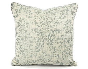 Hodsoll McKenzie Malden Damask in 592 with Piping Pillow Cover - 20" x 20" Seafoam Blue and White Cotton Damask Cushion Case