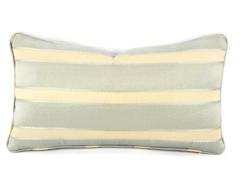 11" x 19.5" Kravet Couture Dotted Stripe in Spa with Self-welt Lumbar Pillow Cover - Light Blue and Cream Stripe with Piping Cushion Case