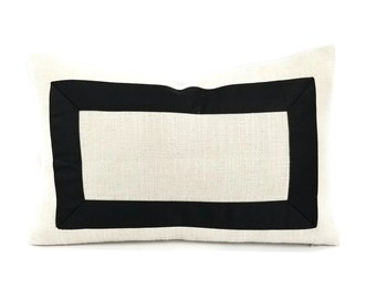 Jane Churchill Darwin in Cream with Black Square Ribbon Embellished Lumbar Pillow Cover - 13" x 20" Cream Woven Textured Accent Cushion Case