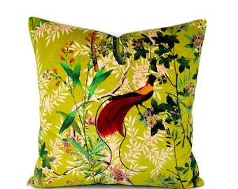 Mind the Gap Royal Garden in Green Pillow Cover - 20" x 20" Chartreuse with Wild Bird Pattern Printed Velvet Cushion Case
