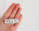 Hand painted Wooden Bead Long Necklace, simple line drawing faces design. 925 sterling silver snake chain.