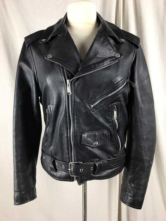 80s Black Leather Motorcycle Jacket Sz M