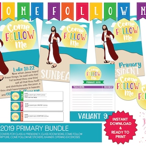 May include: A collection of printable materials with the theme "Come Follow Me." Includes binder covers, room signs, scripture cards, stickers, and banners. The design features an illustration of Jesus on a beach with the text "Come Follow Me."