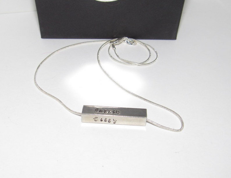 Kids Name Jewelry personalized 4 Sided Horizontal Bar Necklace Custom stamped Silver Bar Necklace Anniversary Gift or Wedding