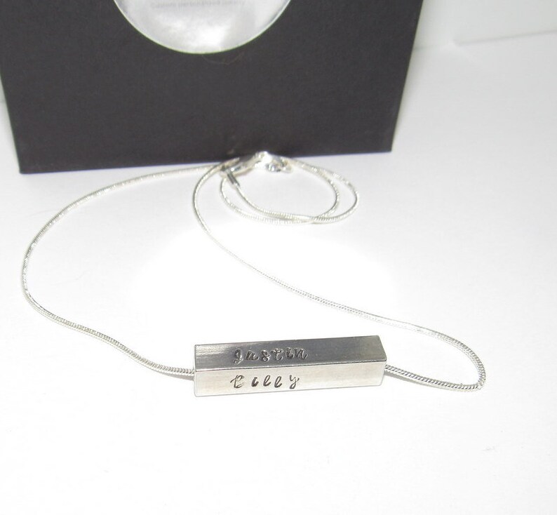 Kids Name Jewelry personalized 4 Sided Horizontal Bar Necklace Custom stamped Silver Bar Necklace Anniversary Gift or Wedding