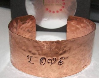 personalized Love wide copper cuff bracelet, custom hand stamped copper bracelet, choose your word cuff