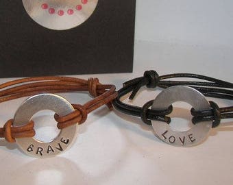 personalized My word custom stamped leather washer bracelet, personalized intention word jewelry, hand stamped jewelry